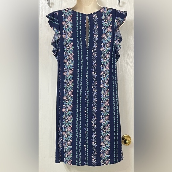 Old Navy Dark Blue Ruffle Shoulder Dress with Pastel Floral Size Small - Picture 2 of 12